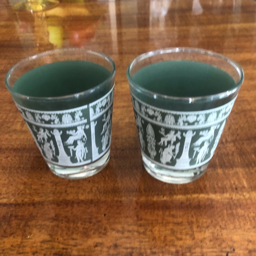 1960s Jeanette Corinthian Lowball Cocktail Green 2 Glasses Excellent